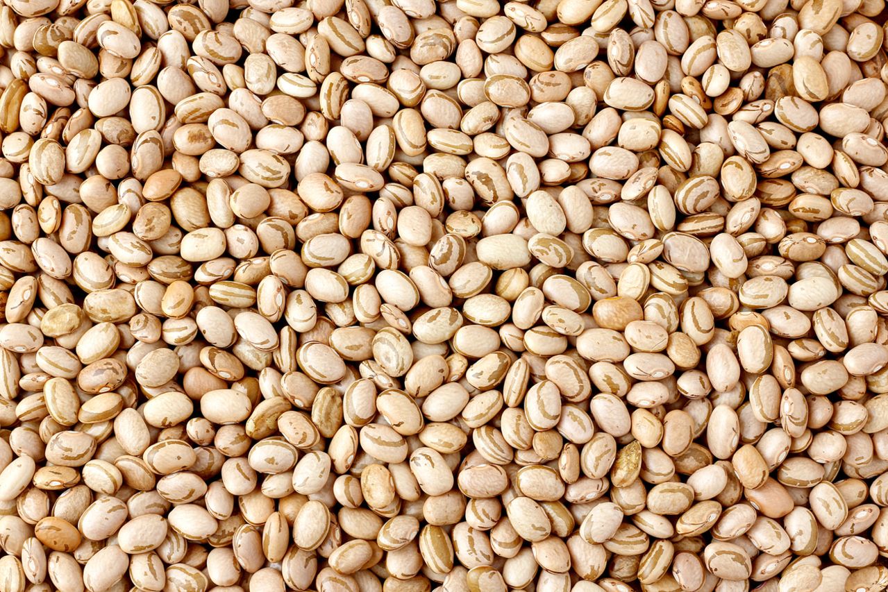 Background with Carioca beans. bean texture. Product name in Brazilian Portuguese